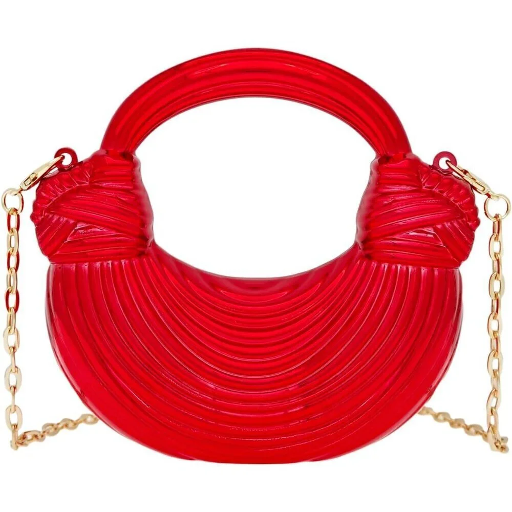 Women's Acrylic Crescent Clutch Bag Crossbody Purse with Chain Red Buckle